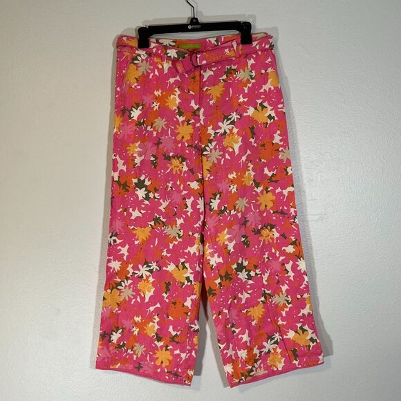 Sigrid Olsen Cropped Belted Wide Leg Linen Pants Pink Orange Floral Size 8 - Picture 1 of 10